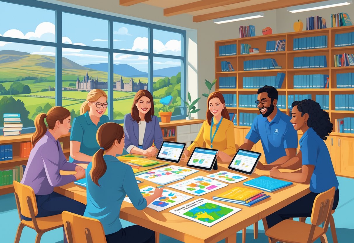 Teaching Resources Scotland: Essential Tools & Ideas for Educators teaching resources LearningMole A group of teachers sharing and discussing teaching materials around a table in a classroom with shelves of books and a window showing a Scottish landscape.