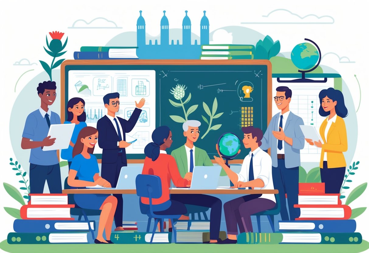 Teaching Resources Scotland: Essential Tools & Ideas for Educators teaching resources LearningMole A group of teachers and students working together in a classroom with educational materials and Scottish symbols in the background.