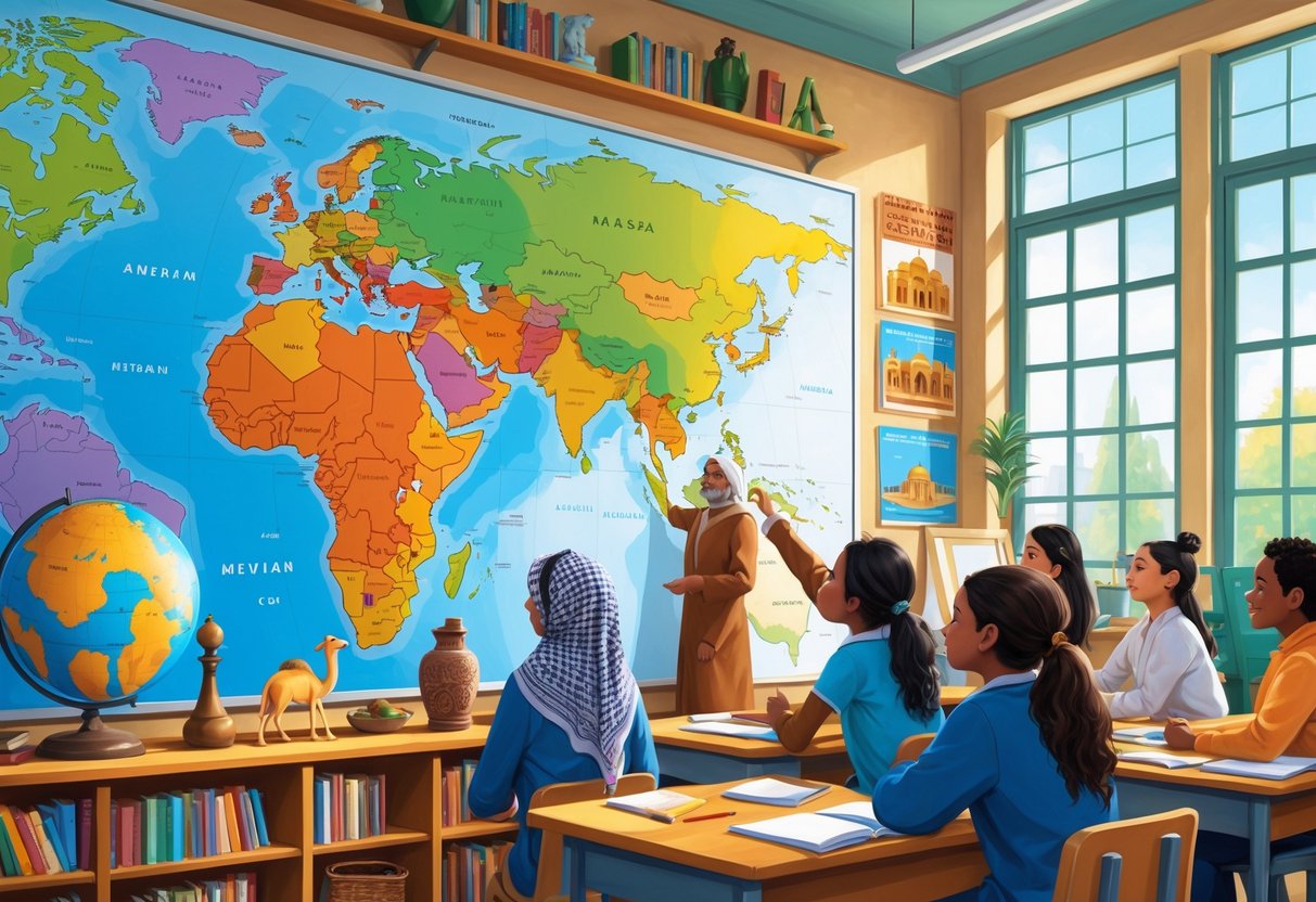 Middle Eastern Teaching Resources: Comprehensive Guide for UK Educators Middle Eastern LearningMole A classroom where a teacher shows a map of the Middle East and North Africa to a group of attentive students surrounded by cultural artifacts and educational materials about the region.