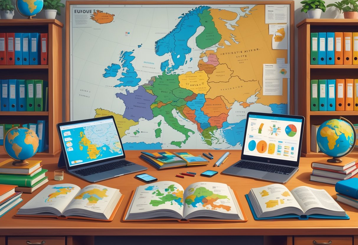 European Teaching Resources: Essential Classroom Tools & Guidance european teaching LearningMole A workspace with books, maps, and digital devices focused on European teaching materials, including a large map of Europe on the wall.