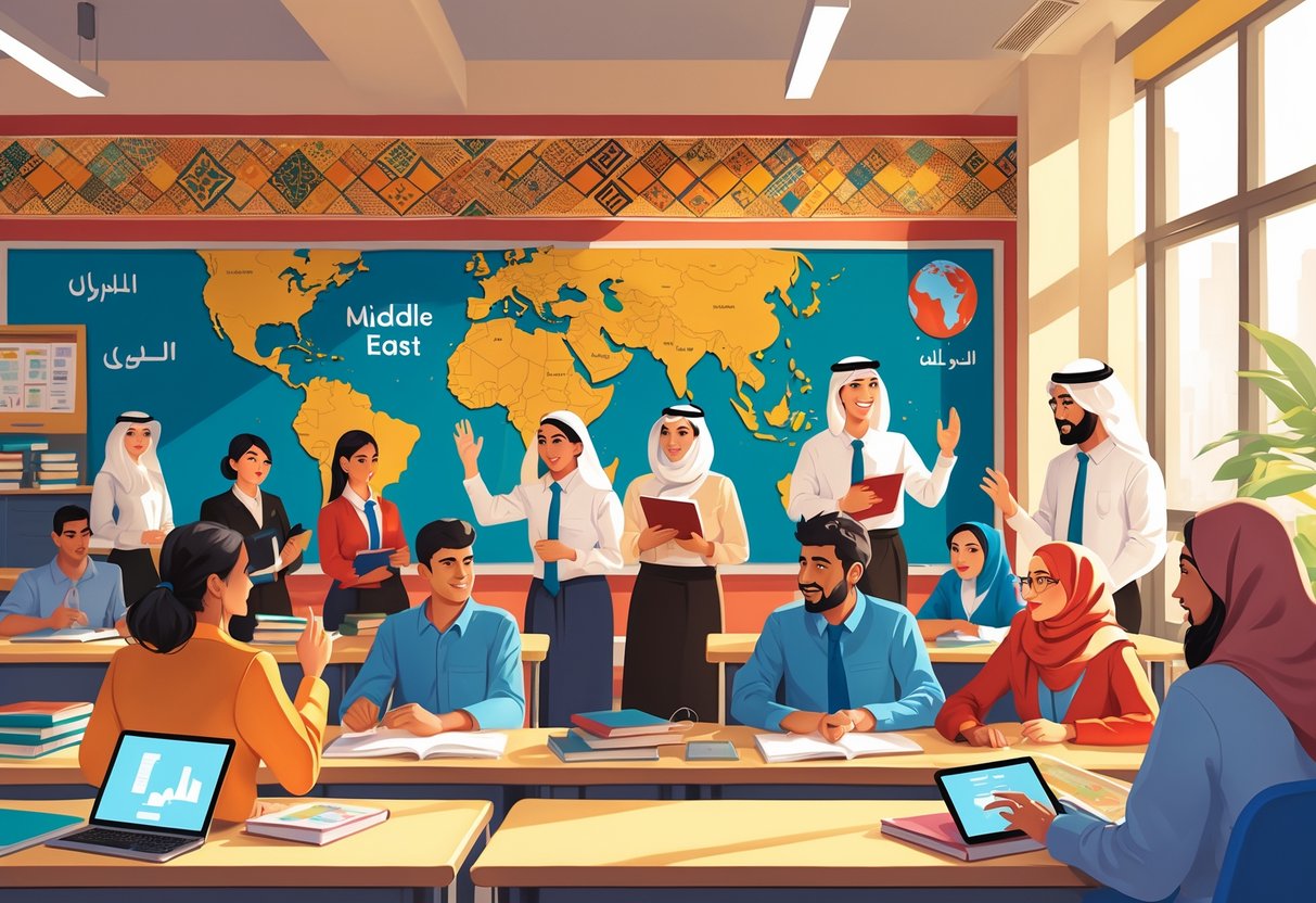 Middle Eastern Teaching Resources: Comprehensive Guide for UK Educators Middle Eastern LearningMole A classroom with Middle Eastern students and teachers using books, maps, and digital devices, engaged in learning activities.