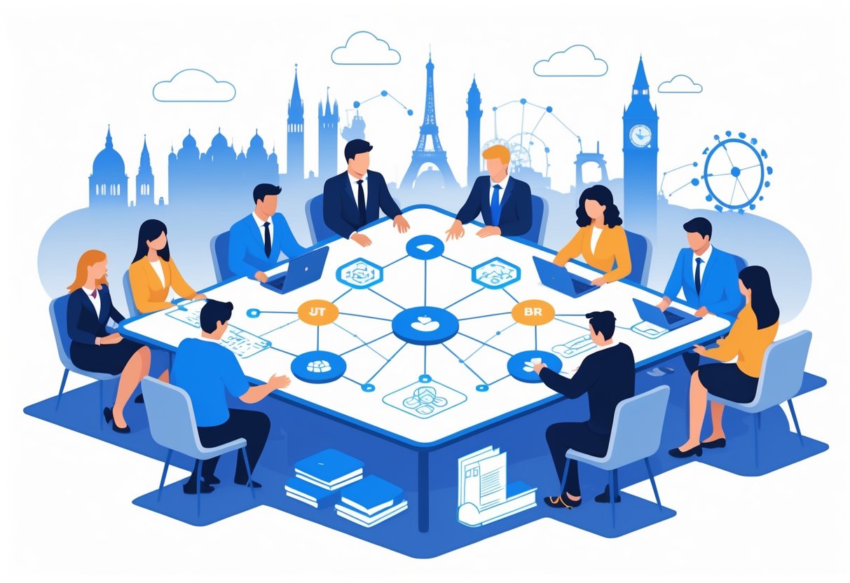 European Teaching Resources: Essential Classroom Tools & Guidance european teaching LearningMole A group of diverse people collaborating around a digital table with connected icons and European landmarks in the background, representing teamwork and shared teaching resources.