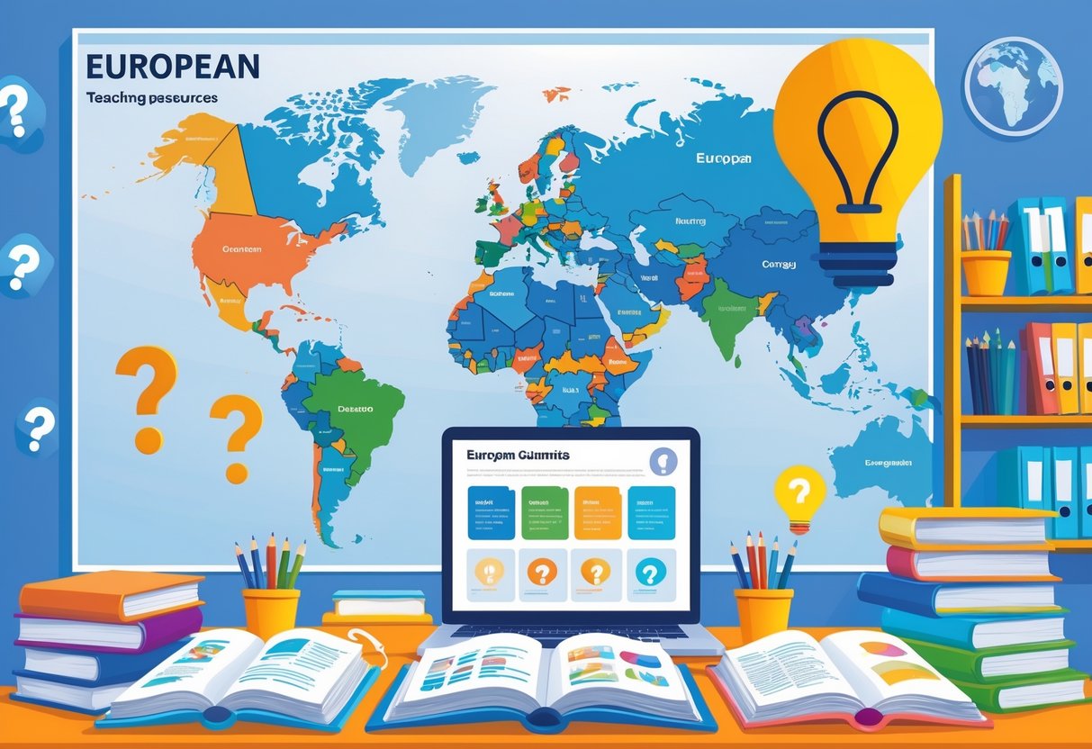 European Teaching Resources: Essential Classroom Tools & Guidance european teaching LearningMole A tidy educational workspace with books, charts of Europe, a laptop, and icons representing questions, set in a room with a map of Europe and shelves of teaching materials.