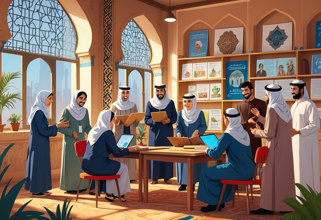 Middle Eastern Teaching Resources: Comprehensive Guide for UK Educators Middle Eastern LearningMole A group of Middle Eastern teachers and students in a classroom with traditional decorations, engaging with educational materials.