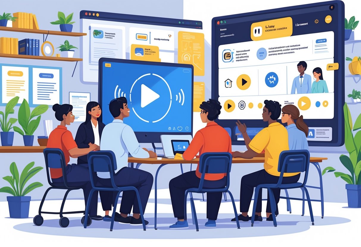 Classroom Video Resources: Enhance Learning with Top Tools & Tips Classroom video LearningMole A classroom with a teacher and diverse students interacting with a large screen showing video controls and accessibility icons, including a student using a wheelchair and another with a hearing aid.