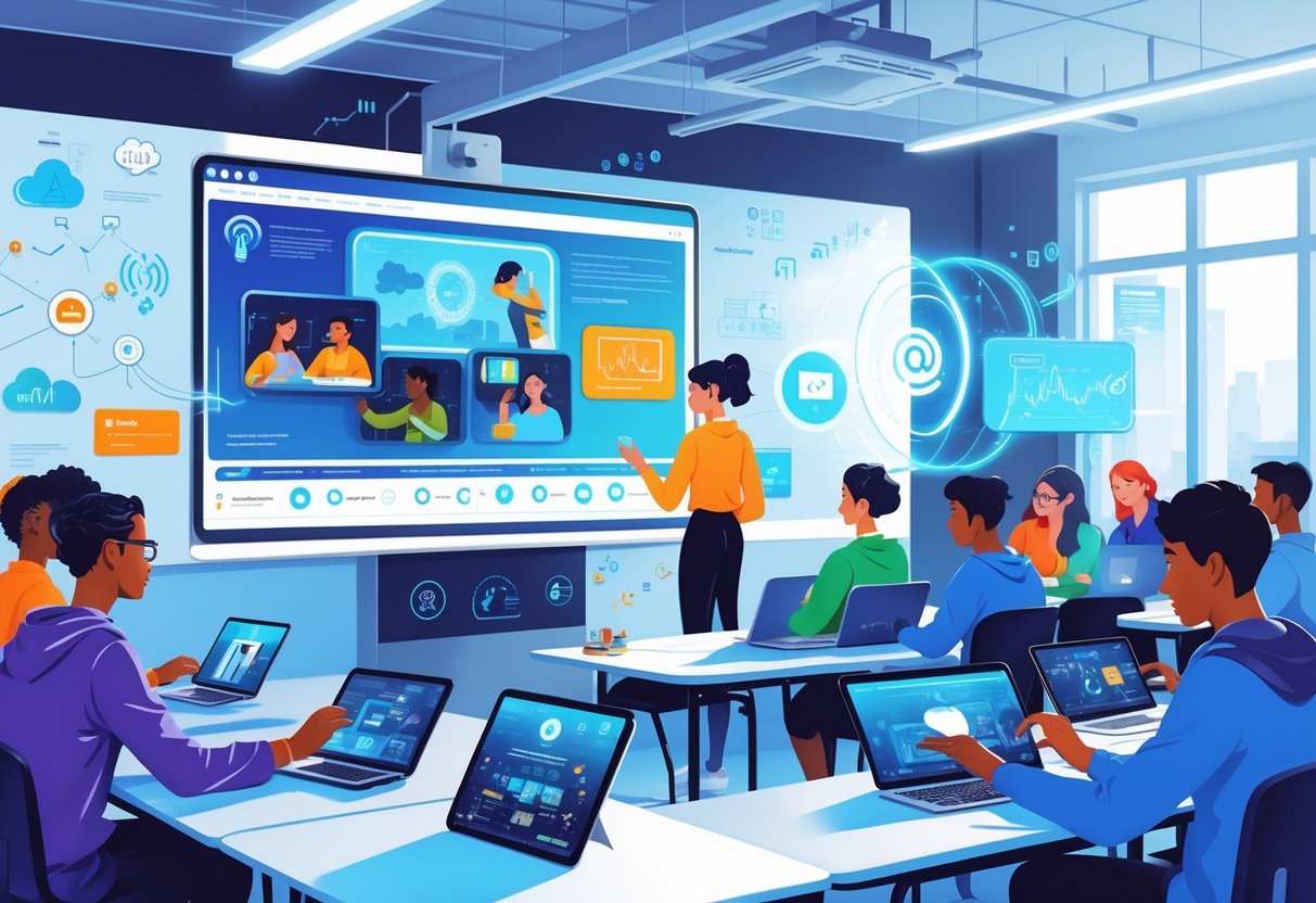 Classroom Video Resources: Enhance Learning with Top Tools & Tips Classroom video LearningMole A classroom where students use tablets and laptops to watch educational videos, with a teacher guiding them and a large interactive screen showing futuristic video learning technology.