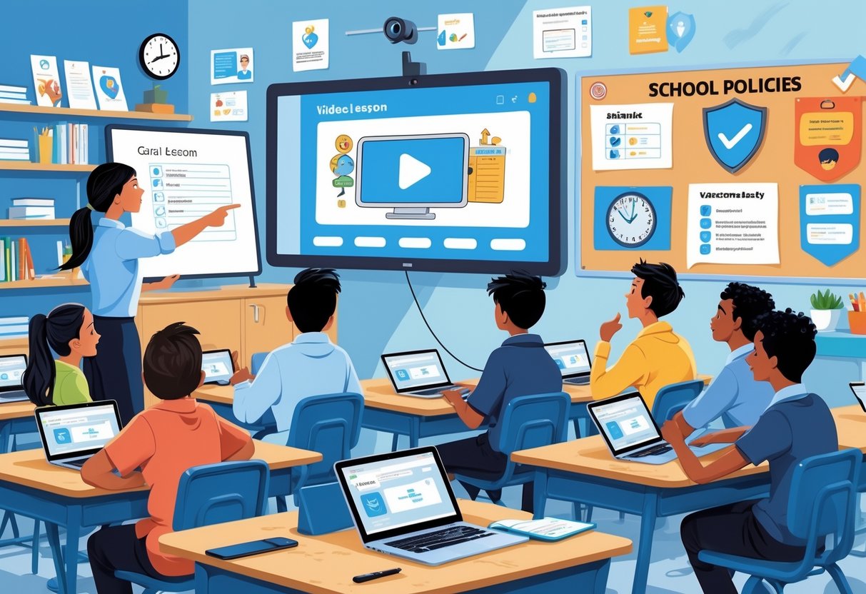 Video Lessons for Schools: Maximising Learning with Digital Tools video lessons LearningMole A classroom with students watching an educational video on a large screen while a teacher points at it, with visible school policy icons in the background.