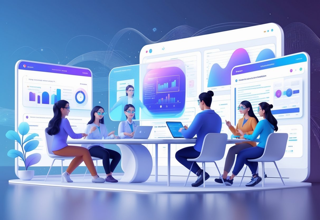 Video Teaching Platform: The Ultimate Guide for Online Course Success Video Teaching LearningMole A futuristic digital classroom with students using holographic screens and advanced technology for interactive video teaching.