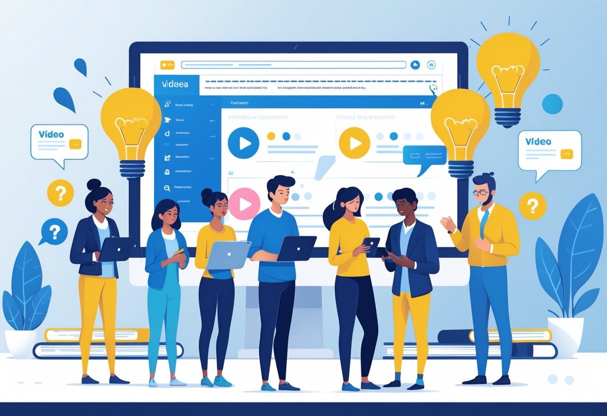 Video Teaching Platform: The Ultimate Guide for Online Course Success Video Teaching LearningMole People using digital devices to access a video teaching platform with icons representing questions and learning around them.