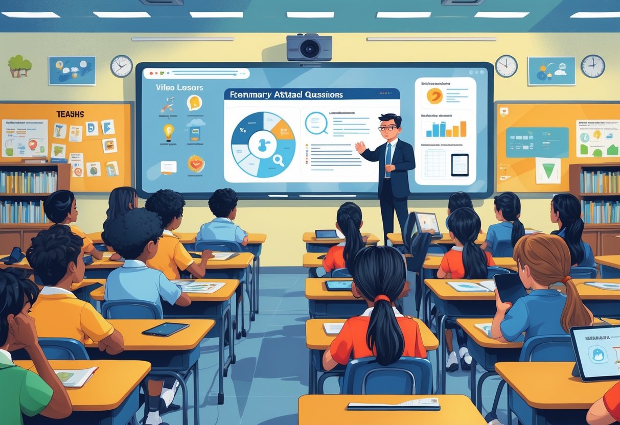 Video Lessons for Schools: Maximising Learning with Digital Tools video lessons LearningMole A classroom with students watching a teacher on a large screen explaining educational content using visual aids.