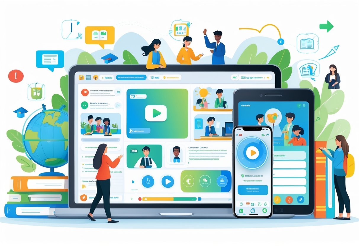 School Video Platform: Your Guide to Smarter Learning with Video School video LearningMole Multiple digital devices showing educational videos with students and teachers interacting in a bright classroom setting.