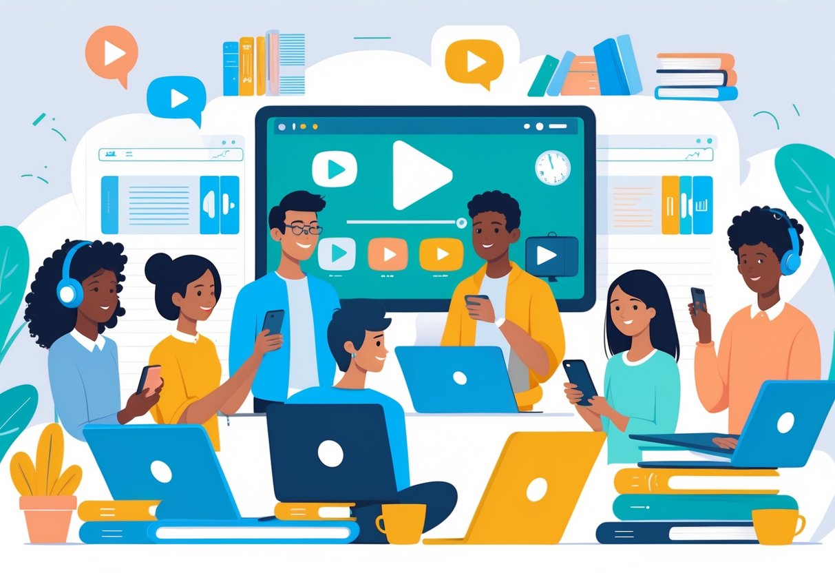 Education Video Subscription: Streamlined Online Learning Options video subscription LearningMole People of different ages and backgrounds watching educational videos on laptops, tablets, and smartphones in a bright learning space.