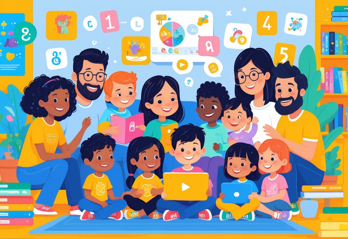 Education Video Subscription: Streamlined Online Learning Options video subscription LearningMole A family with children watching an educational video together on a tablet in a colourful living room filled with books and learning materials.