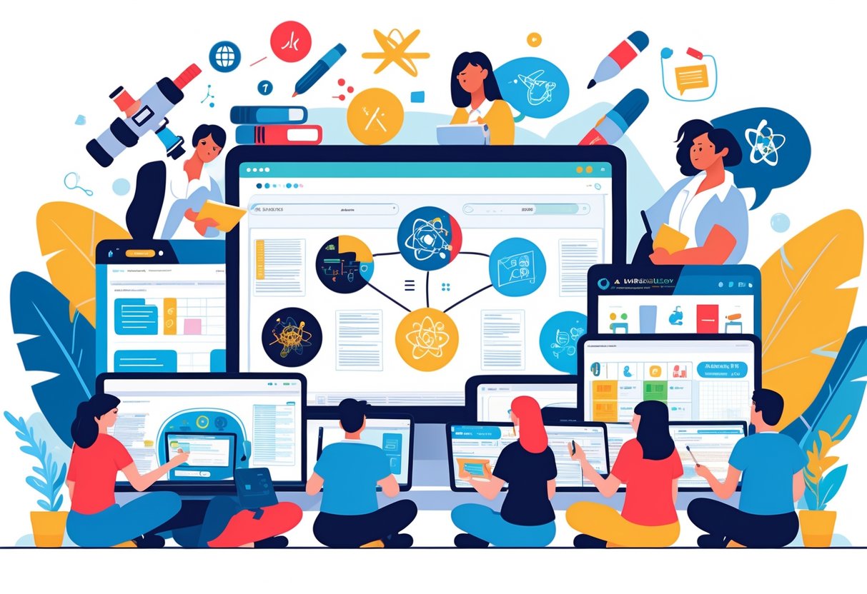 Education Video Subscription: Streamlined Online Learning Options video subscription LearningMole A group of students and teachers using digital devices to access different subject-based educational videos in a modern online learning setting.