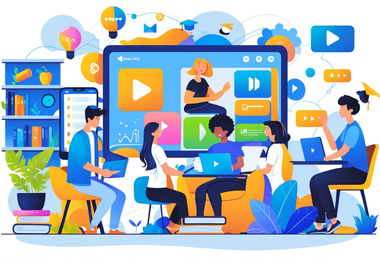 Education Video Subscription: Streamlined Online Learning Options video subscription LearningMole People using tablets, smartphones, laptops, and smart TVs to watch educational videos in a modern living and study area.