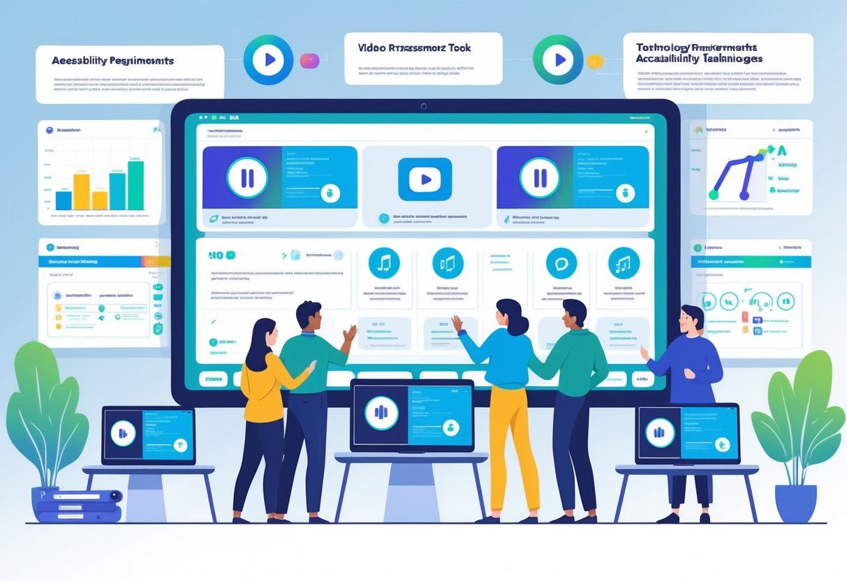 Video Assessment Tools: A Comprehensive Guide for Speech and Language Testing video assessment LearningMole A group of people working together around a large digital screen showing video assessment tools with accessibility features in a modern, inclusive workspace.