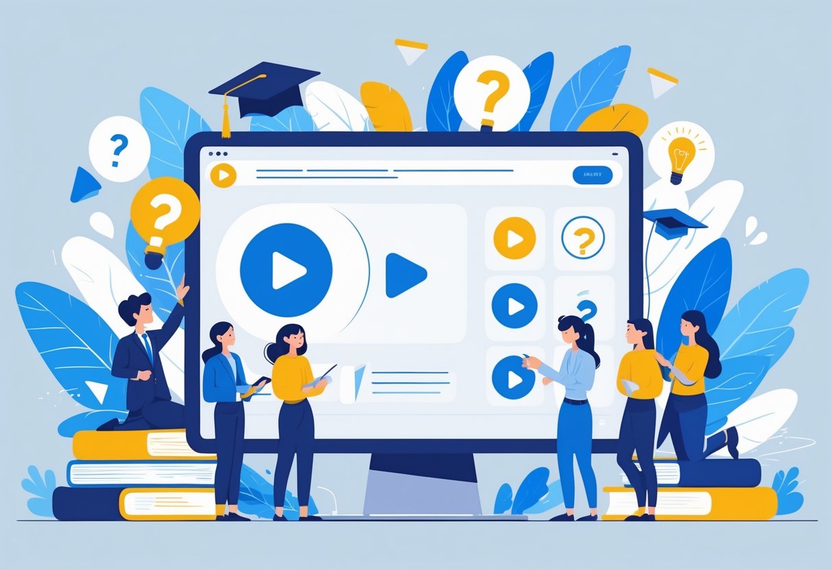 Education Video Subscription: Streamlined Online Learning Options video subscription LearningMole A group of people gathered around a large digital screen showing video and question icons, with educational items like books and graduation caps nearby, in a modern learning environment.