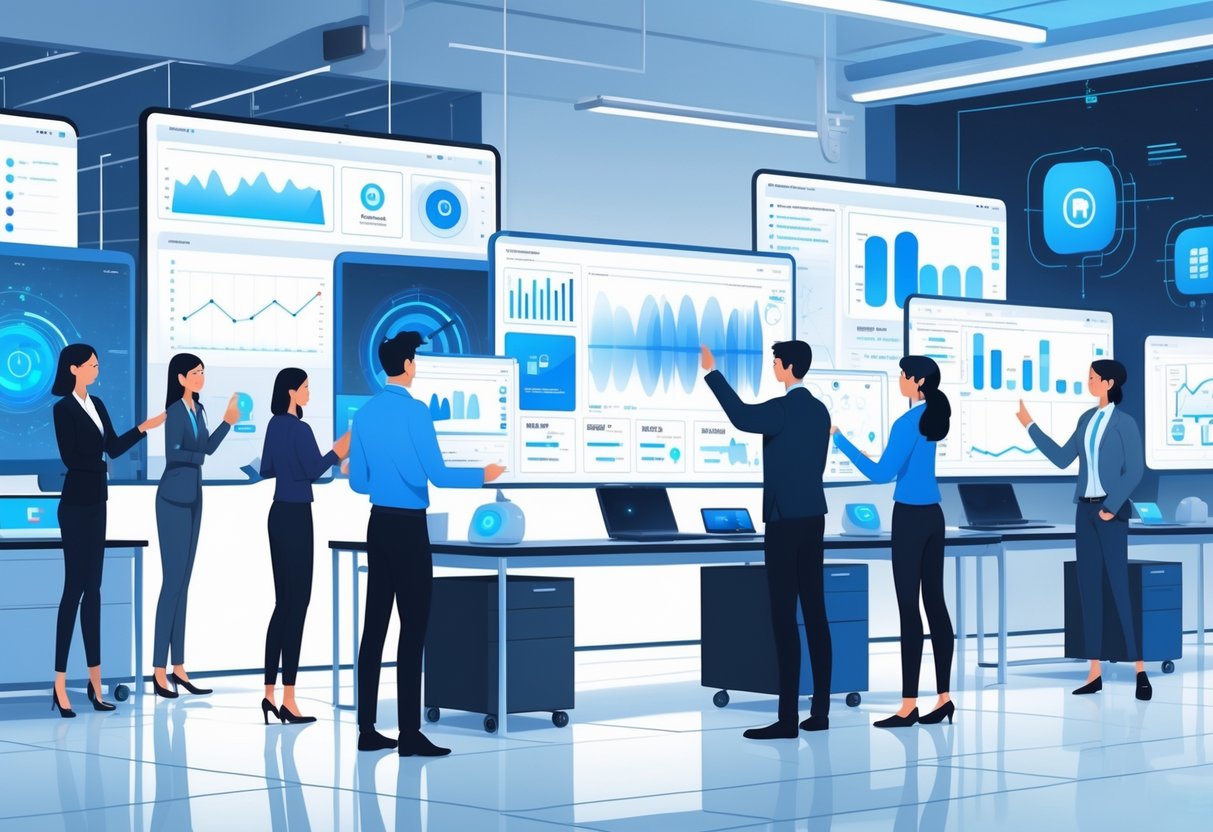 Video Assessment Tools: A Comprehensive Guide for Speech and Language Testing video assessment LearningMole A modern office where diverse professionals interact with multiple screens and holographic displays showing video analysis data and advanced video assessment technology.