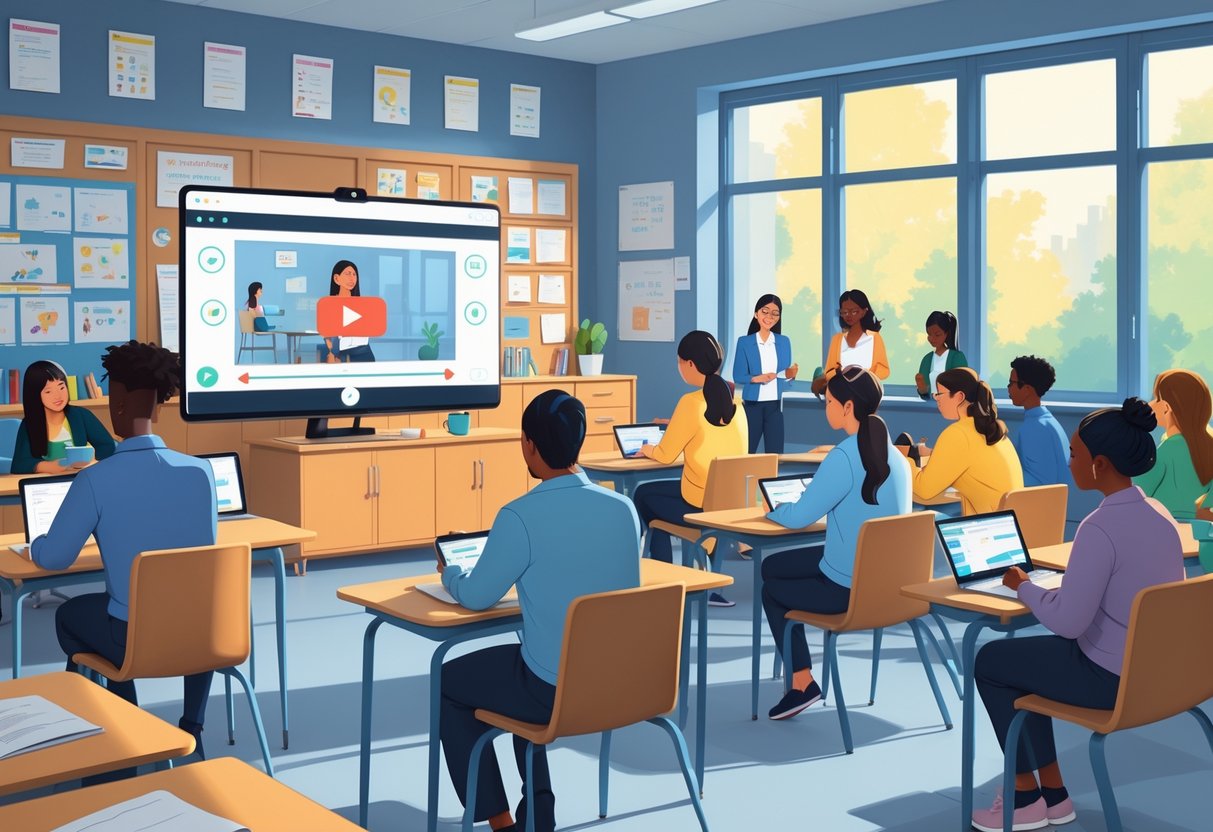 Video CPD for Teachers: Comprehensive Guide to Professional Growth video cpd LearningMole Teachers in a classroom watching a lesson video on a large screen while discussing and taking notes during a professional development session.