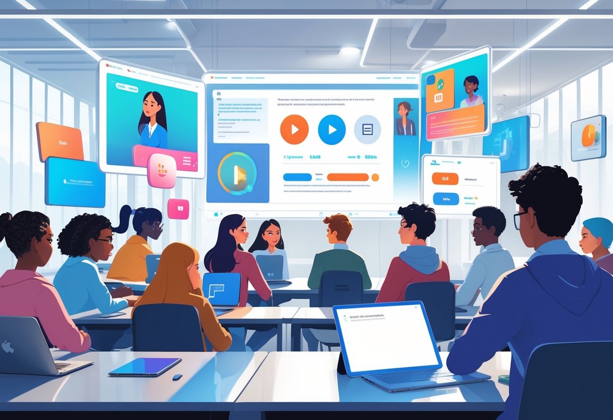 Interactive Video Lessons: Engaging Learners with Dynamic Content Interactive video LearningMole A group of diverse students interacting with floating digital screens showing video lessons and quizzes in a modern classroom setting.