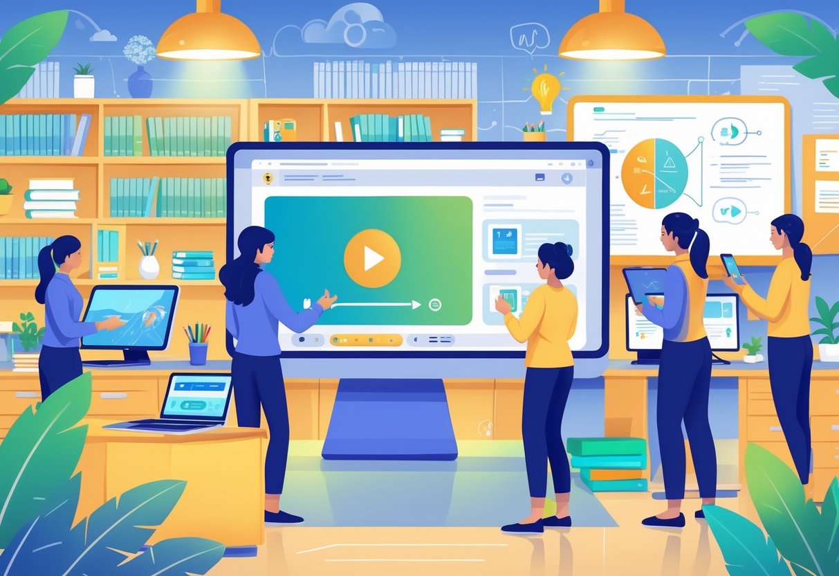 Video CPD for Teachers: Comprehensive Guide to Professional Growth video cpd LearningMole A group of teachers using computers and tablets to watch educational videos in a bright classroom setting with bookshelves and a whiteboard in the background.