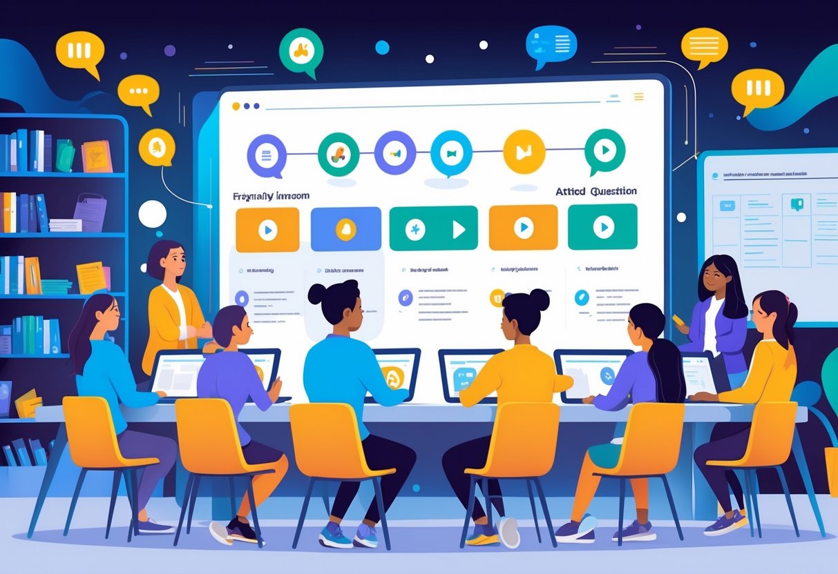 Interactive Video Lessons: Engaging Learners with Dynamic Content Interactive video LearningMole A group of diverse learners interacting with a large screen showing icons related to questions and multimedia in a modern classroom setting.