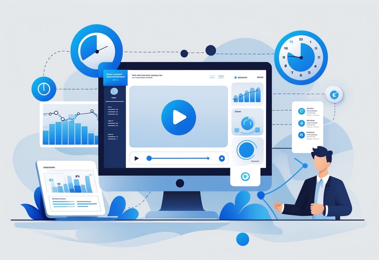 Video Learning Analytics: 4 Strategies and Insights for Online Education video learning,techniques,system LearningMole A computer monitor showing a video player surrounded by icons of graphs, a clock, a user avatar, and a checklist connected by lines, representing components of video learning analytics.