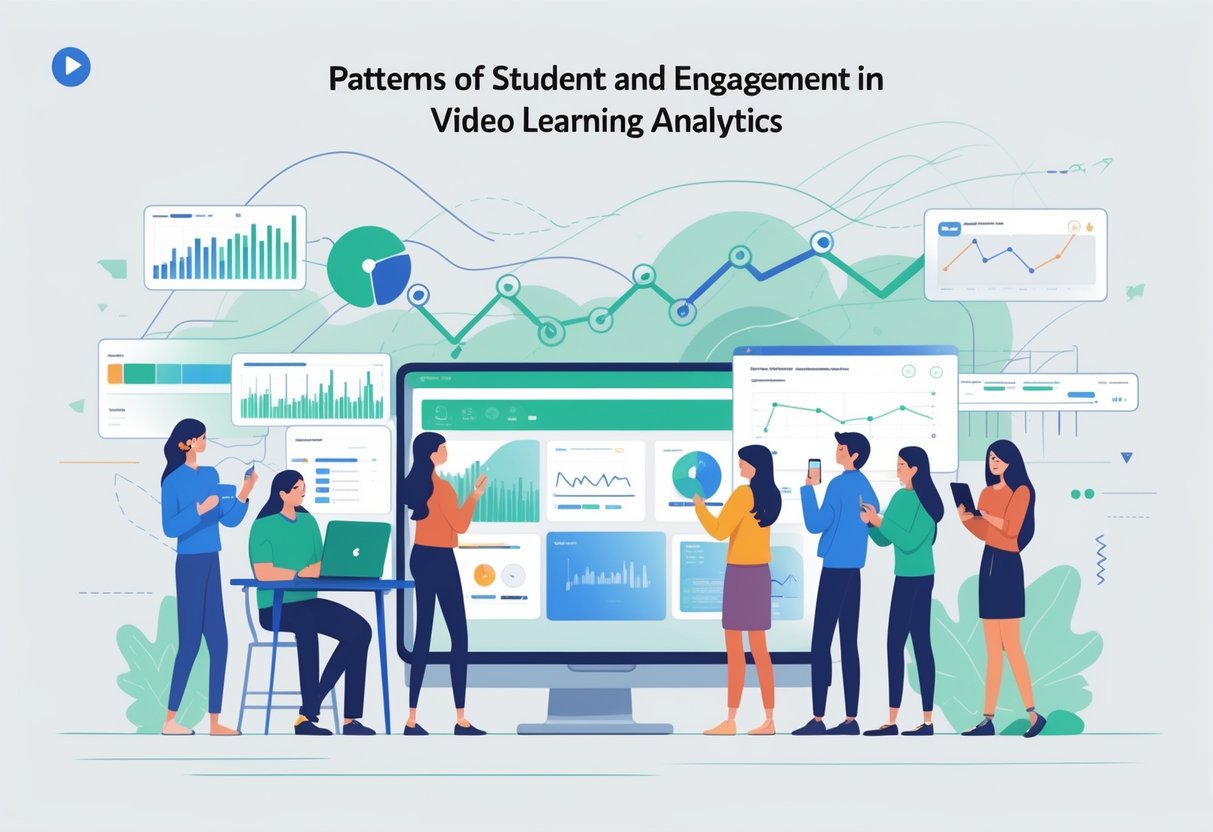 Video Learning Analytics: 4 Strategies and Insights for Online Education video learning,techniques,system LearningMole Students using digital devices to watch educational videos, with graphical data overlays showing engagement patterns around them.