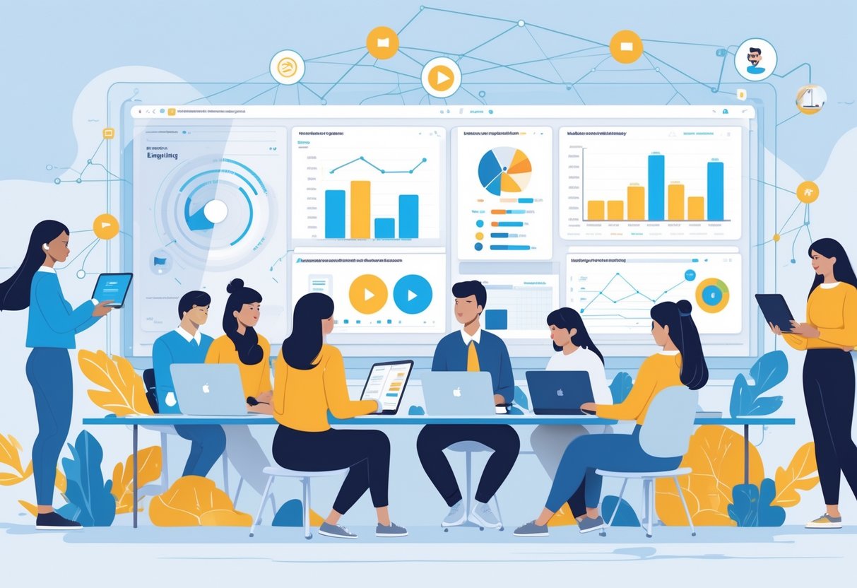 Video Learning Analytics: 4 Strategies and Insights for Online Education video learning,techniques,system LearningMole A group of people using laptops and tablets to access online courses, with a large screen showing data charts and graphs related to video learning analytics in the background.
