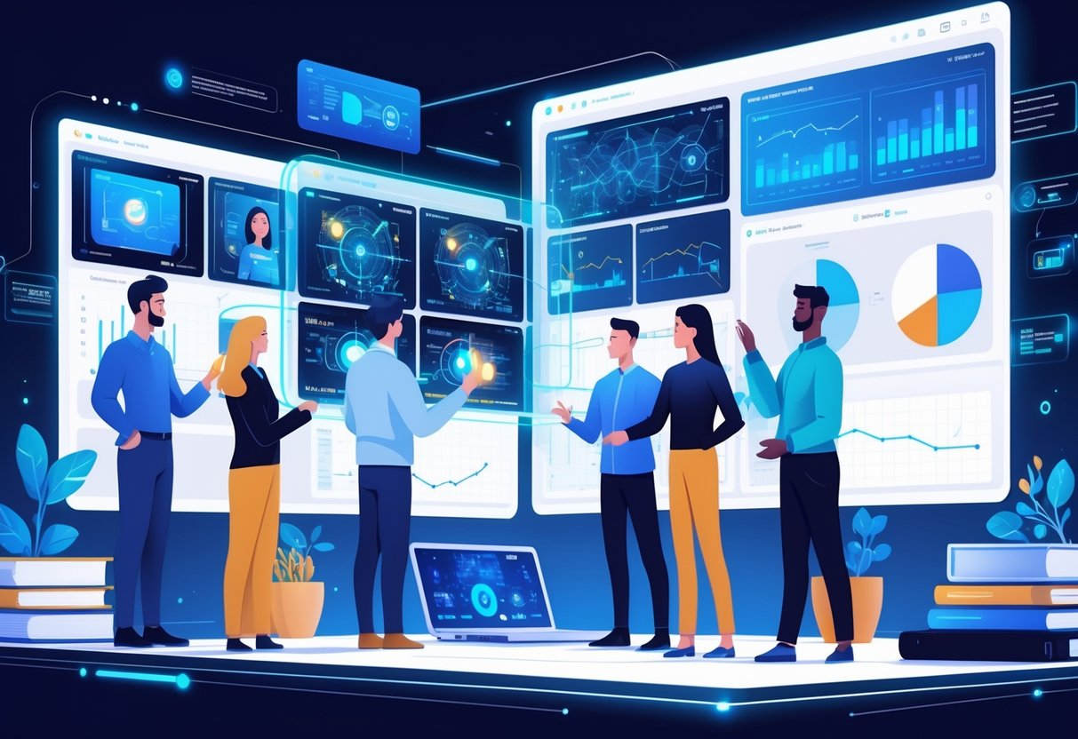Video Learning Analytics: 4 Strategies and Insights for Online Education video learning,techniques,system LearningMole A group of professionals analysing video data and graphs on multiple transparent screens in a modern workspace.