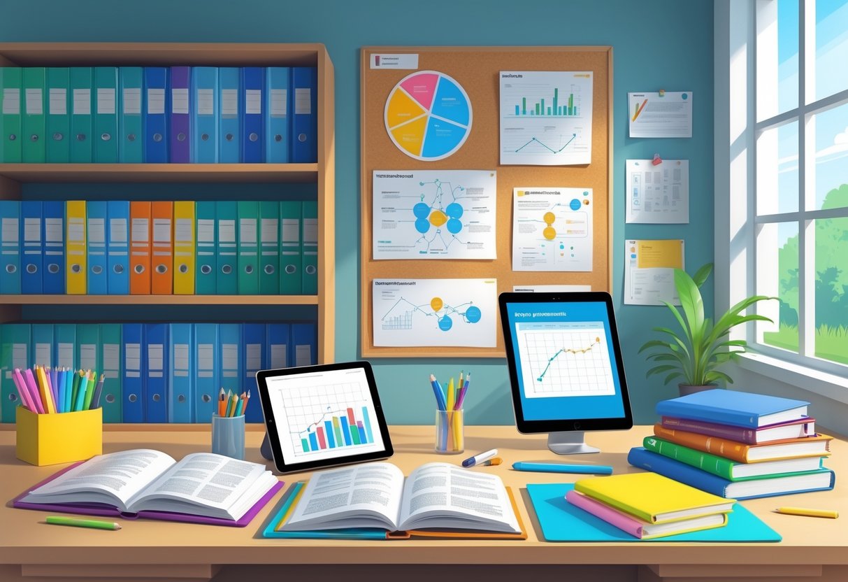 Lesson Resources: Essential Tools and Strategies for Every Teacher LearningMole A tidy study desk with textbooks, notebooks, a tablet, and stationery, next to a bookshelf filled with books and binders, under a window letting in natural light.
