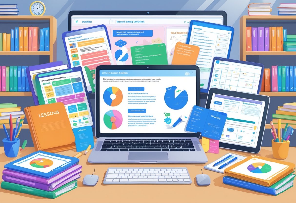 Teaching Resources Subscription: The Ultimate Guide for Educators LearningMole A workspace with a laptop, textbooks, worksheets, flashcards, and tablets arranged neatly in a classroom setting.