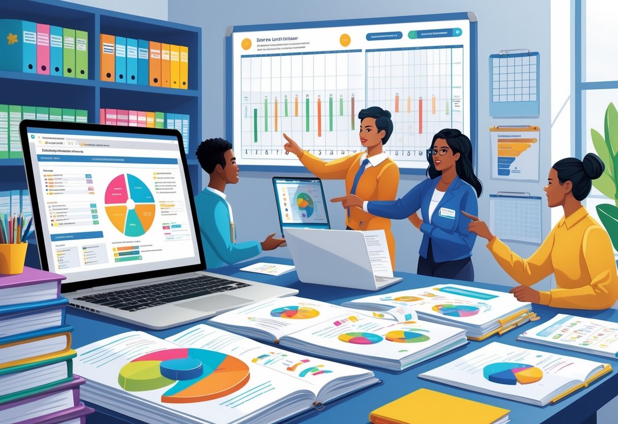 Teaching Resources Subscription: The Ultimate Guide for Educators LearningMole A group of educators collaborating around a desk with books, charts, and a laptop showing curriculum planning tools in a bright, organised classroom setting.