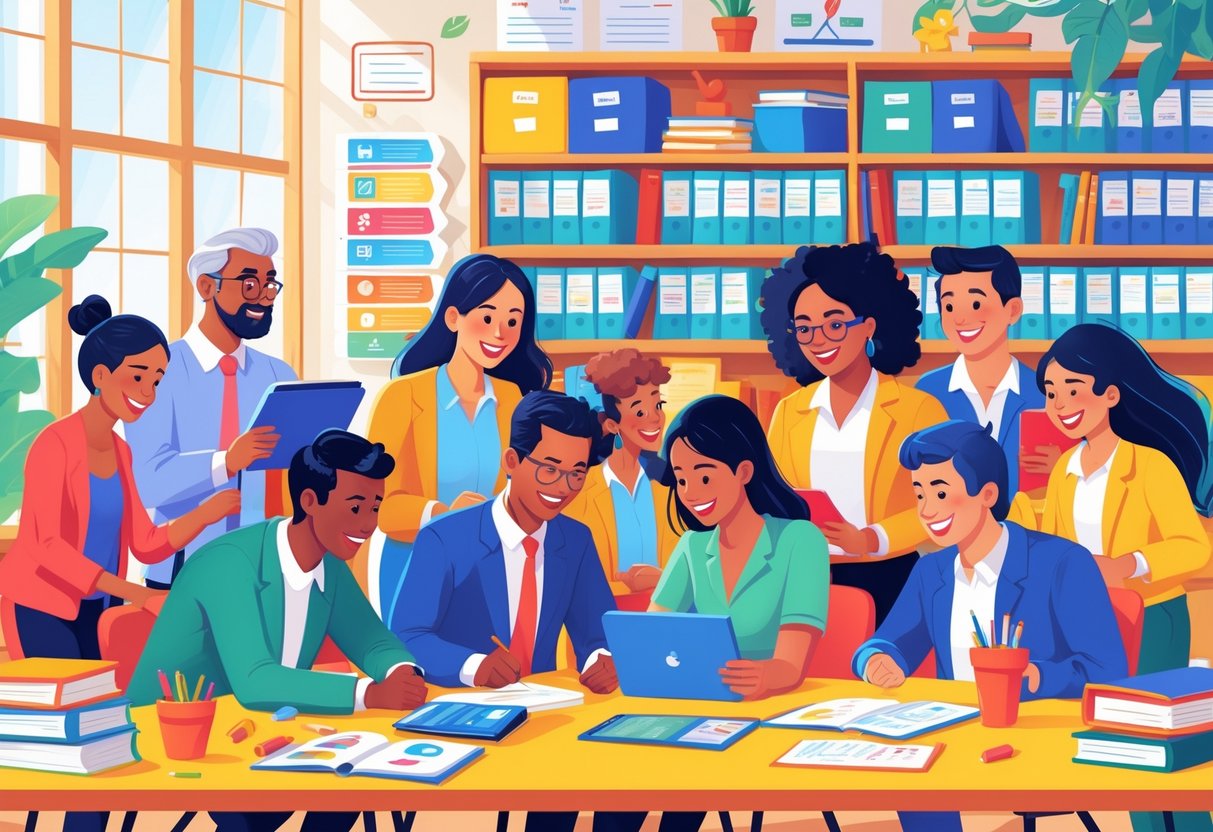 Teaching Resources Subscription: The Ultimate Guide for Educators LearningMole A group of teachers working together in a bright classroom with books, tablets, and students nearby.