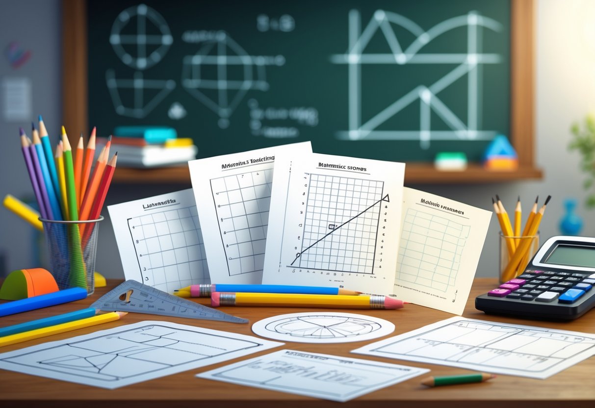 Maths Teaching Resources: Comprehensive Guide for Classrooms LearningMole A desk with mathematics worksheets, pencils, rulers, a protractor, and a calculator, with a chalkboard in the background.