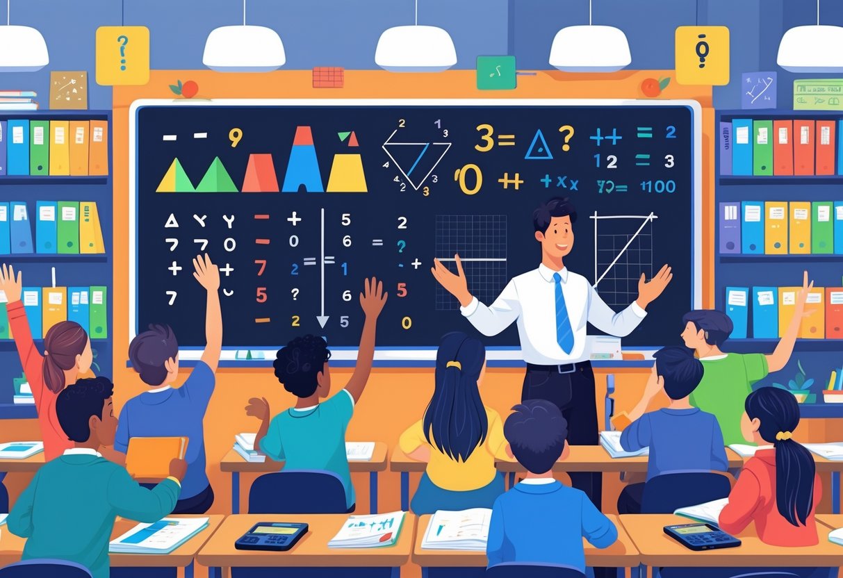 Maths Teaching Resources: Comprehensive Guide for Classrooms LearningMole A teacher explains maths concepts on a blackboard to attentive students in a classroom filled with educational materials.