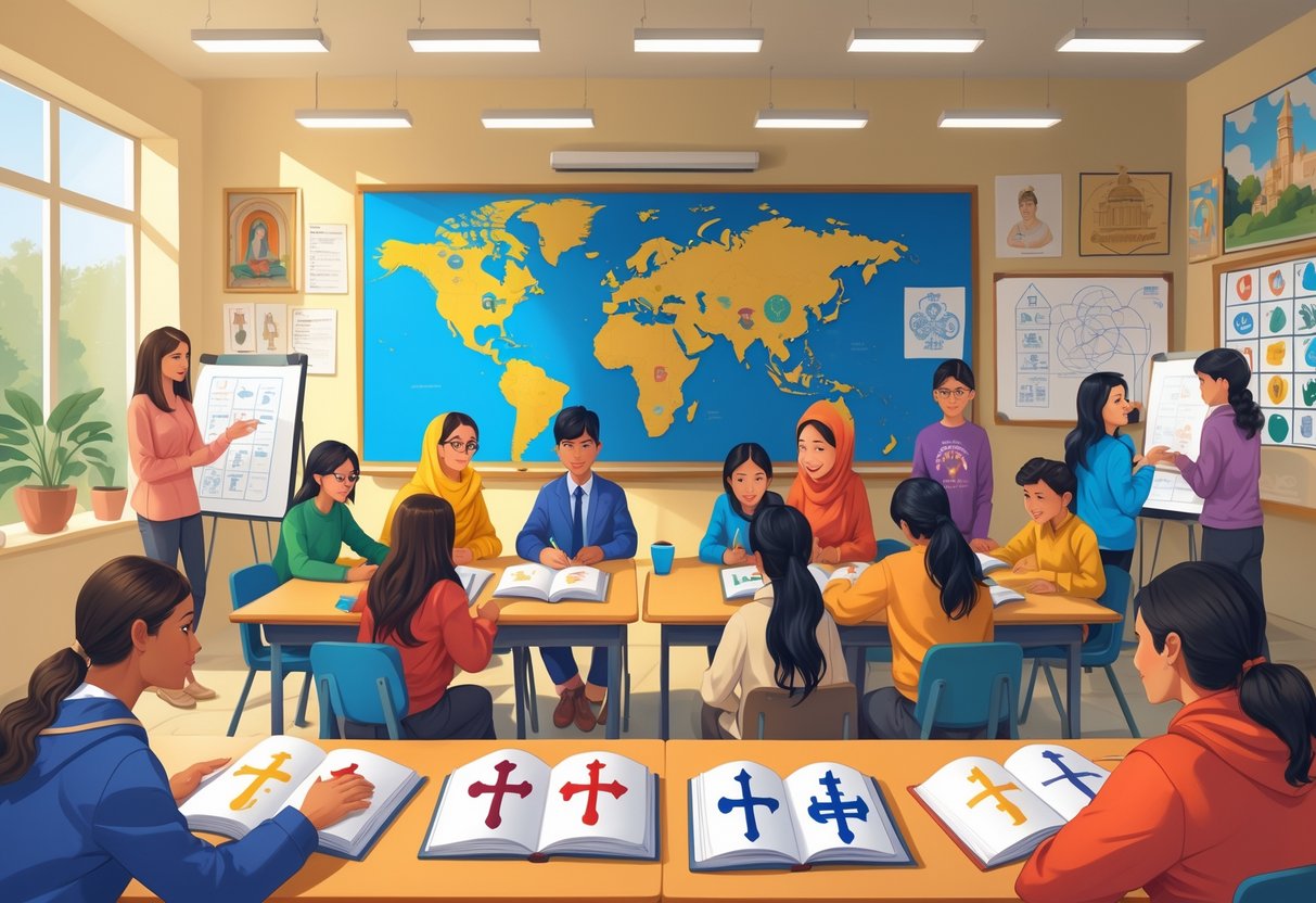 Religious Education Resources: Tools and Strategies for Effective Teaching LearningMole A classroom with a teacher and diverse students engaged in group discussions and activities related to religious education, featuring books, tablets, and visual aids showing various religious symbols and landmarks.