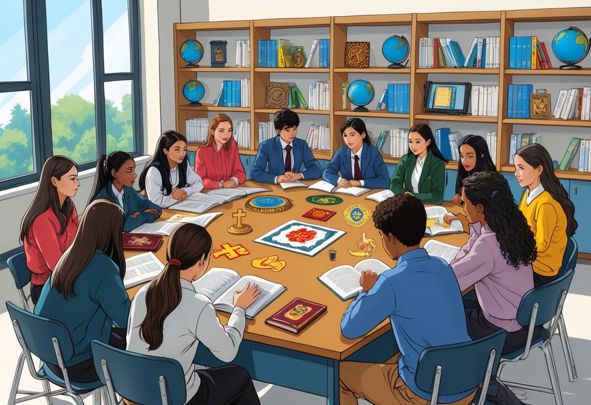 Religious Education Resources: Tools and Strategies for Effective Teaching LearningMole A diverse group of students and a teacher in a classroom discussing religious symbols and books around a table.
