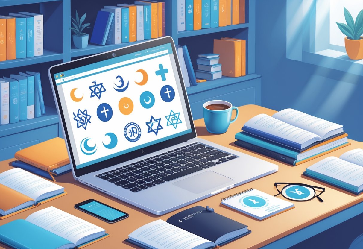 Religious Education Resources: Tools and Strategies for Effective Teaching LearningMole A tidy workspace with a laptop showing religious symbols on its screen, surrounded by books and study materials.