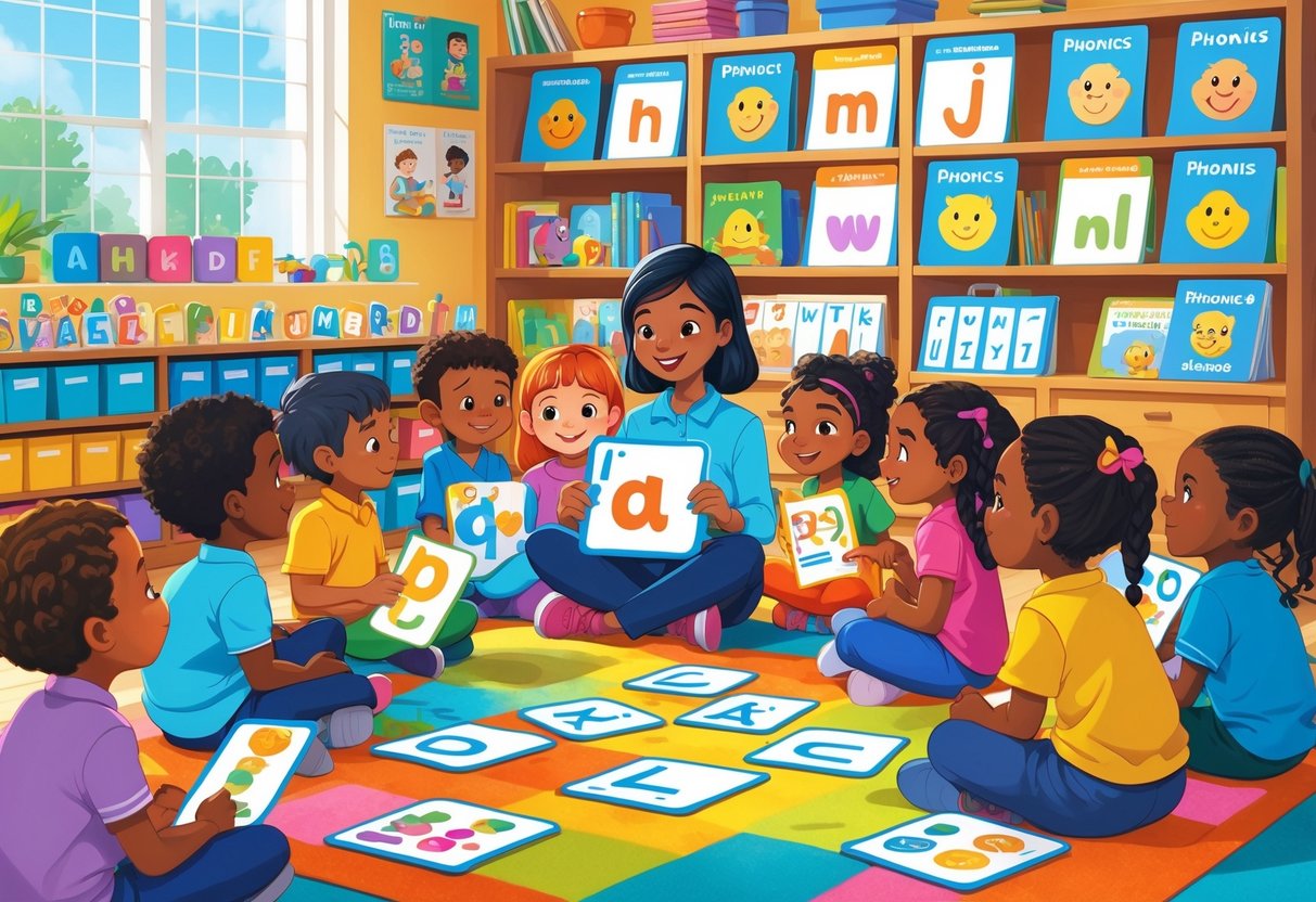 Literacy Teaching Resources: Comprehensive Tools for Effective Learning LearningMole A teacher with young children sitting on a colourful carpet using flashcards and educational materials to support early reading.