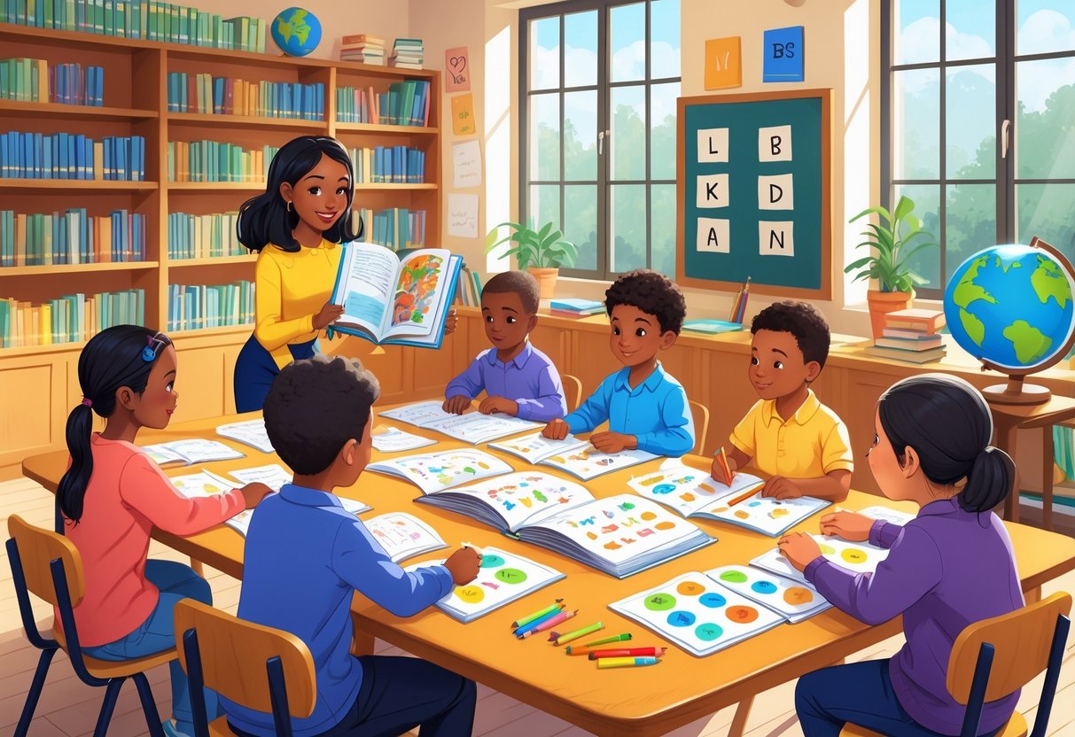 Literacy Teaching Resources: Comprehensive Tools for Effective Learning LearningMole A teacher and a group of children sitting around a table with books and reading materials in a bright classroom focused on literacy learning.