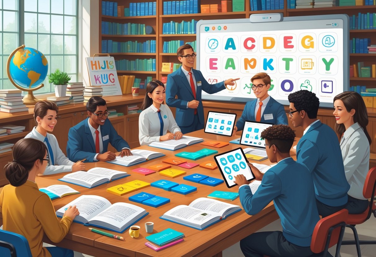 Literacy Teaching Resources: Comprehensive Tools for Effective Learning LearningMole A group of teachers and students around a table with books and tablets in a bright classroom filled with educational materials focused on literacy.