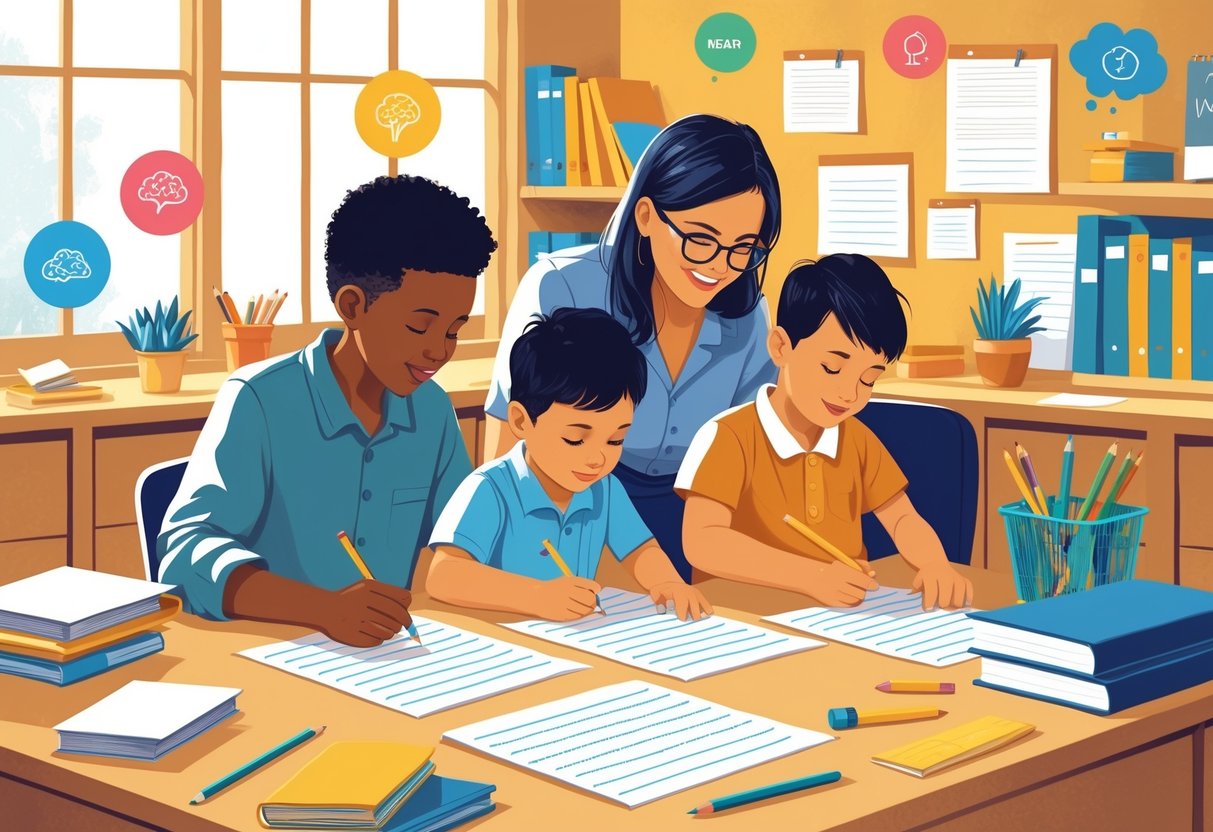 Handwriting Resources: Essential Practice Tools for Improving Writing Skills LearningMole Children and adults practising handwriting together at a desk with writing tools and educational materials around them.