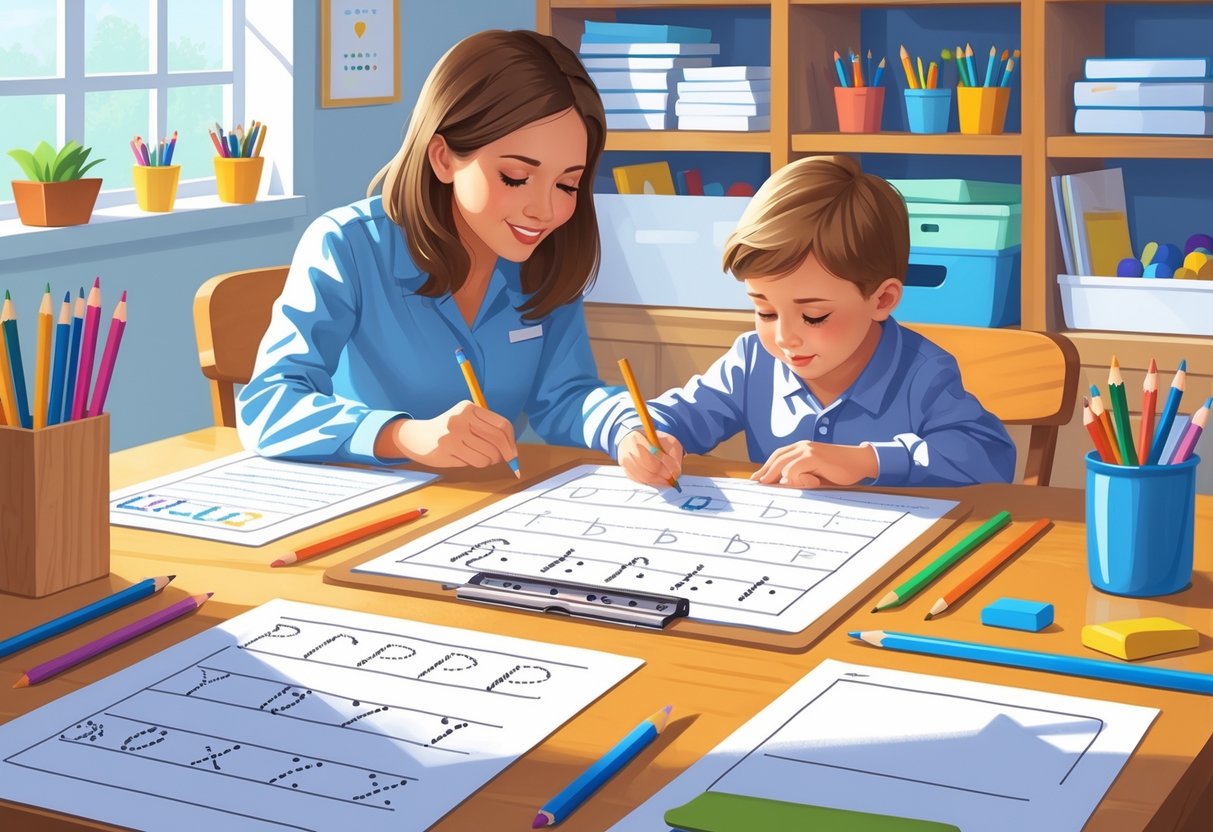 Handwriting Resources: Essential Practice Tools for Improving Writing Skills LearningMole A child being guided by an adult at a desk with handwriting practice sheets and writing tools in a bright, organised room.