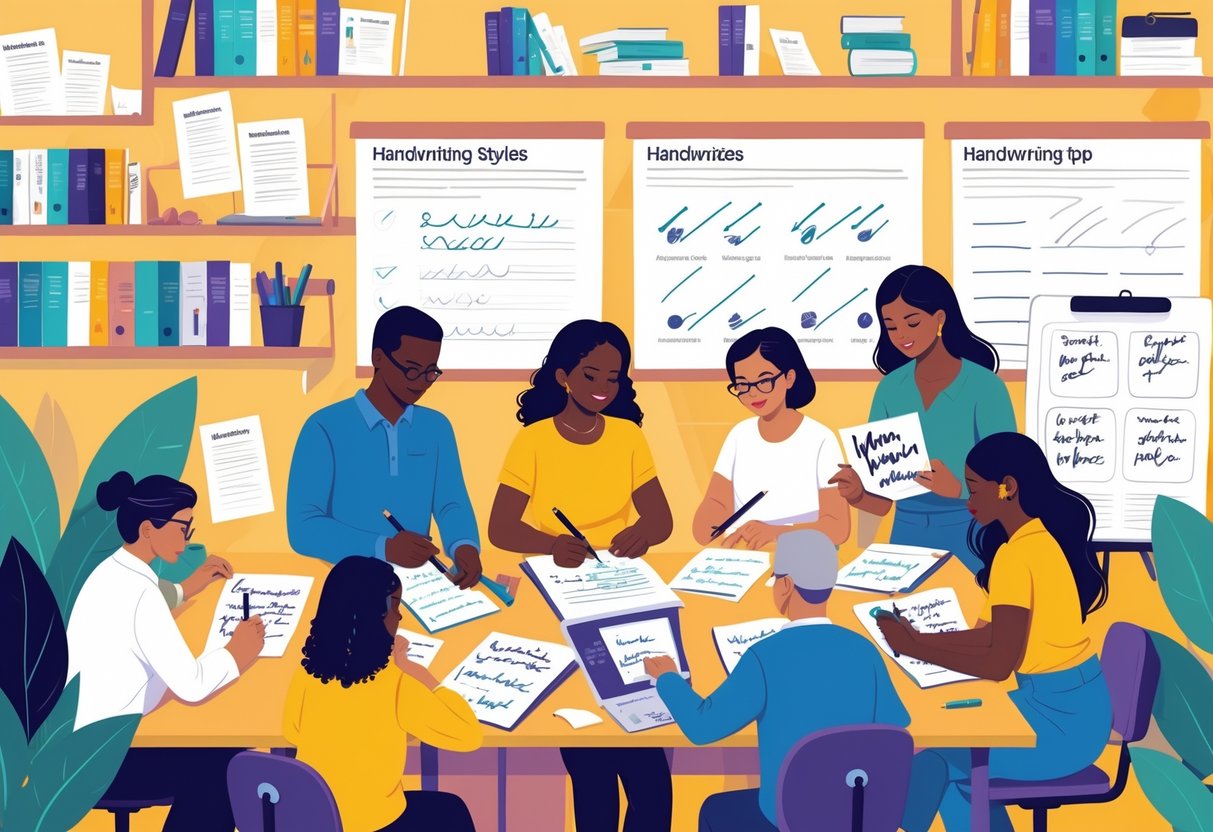 Handwriting Resources: Essential Practice Tools for Improving Writing Skills LearningMole A group of diverse people sharing handwriting materials and learning together in a bright workspace filled with books and digital devices.