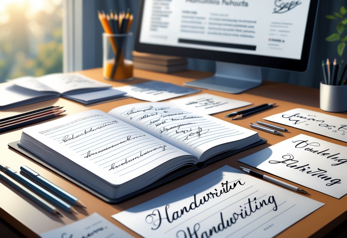 Handwriting Resources: Essential Practice Tools for Improving Writing Skills LearningMole A tidy workspace with an open notebook showing handwriting practice, pens and pencils arranged nearby, and sheets of paper with handwriting styles, with a computer screen in the background.