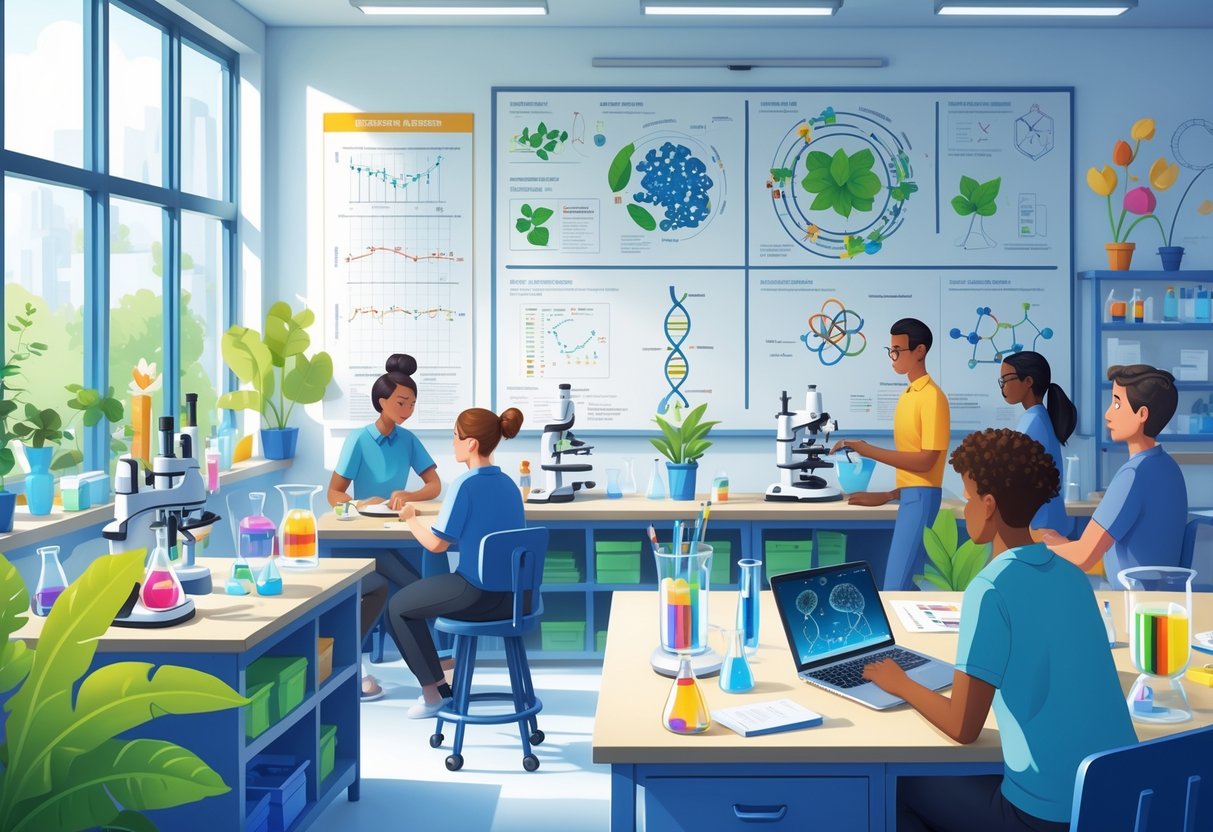 Biology Teaching Resources: Best Tools, Lesson Plans & Activities LearningMole A classroom with biology models, microscopes, chemistry glassware, and students studying scientific diagrams together.