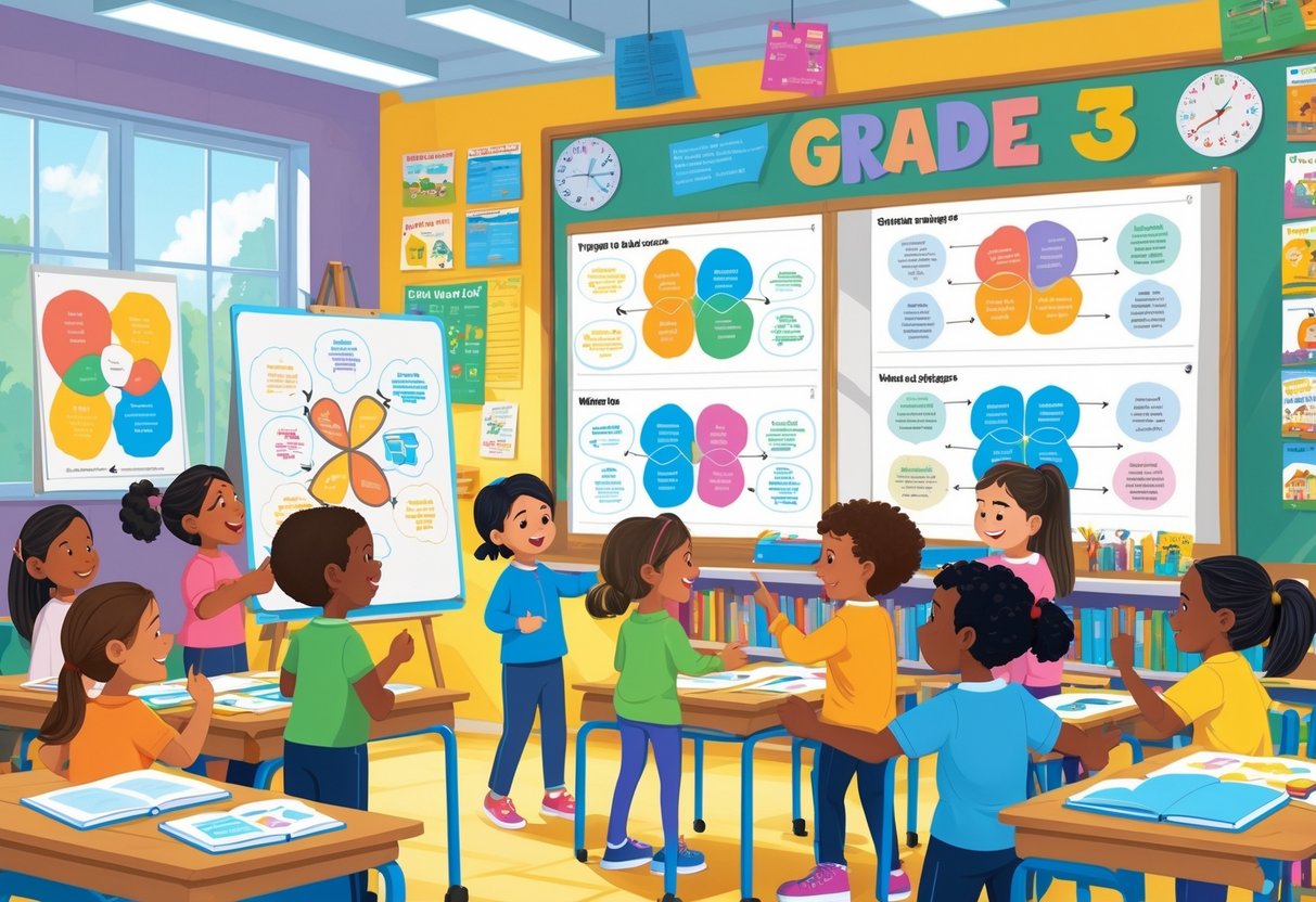 Grade 3 Teaching Resources: Essential Tools & Engaging Activities LearningMole A group of children and a teacher in a classroom using colourful graphic organisers like mind maps and Venn diagrams for learning.