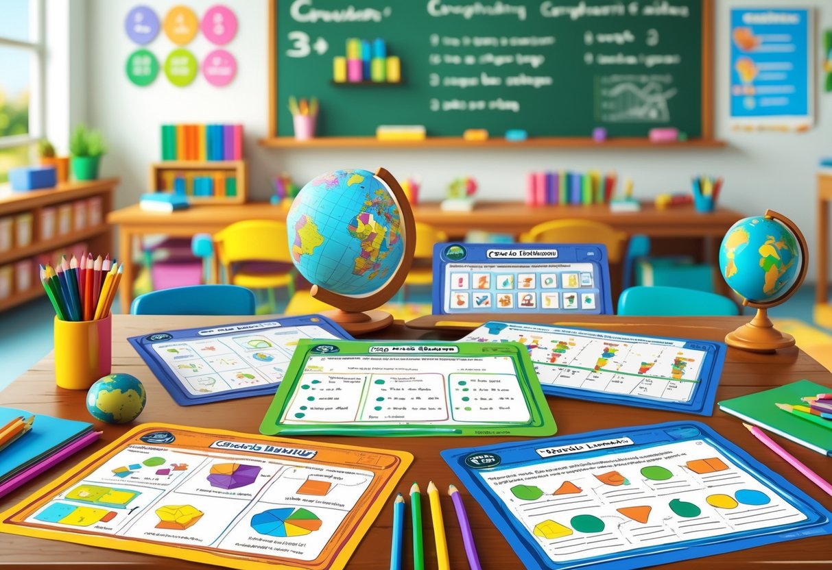 Grade 3 Teaching Resources: Essential Tools & Engaging Activities LearningMole A classroom desk with colourful grade 3 worksheets and educational tools like pencils and an abacus, with a chalkboard and classroom setting in the background.