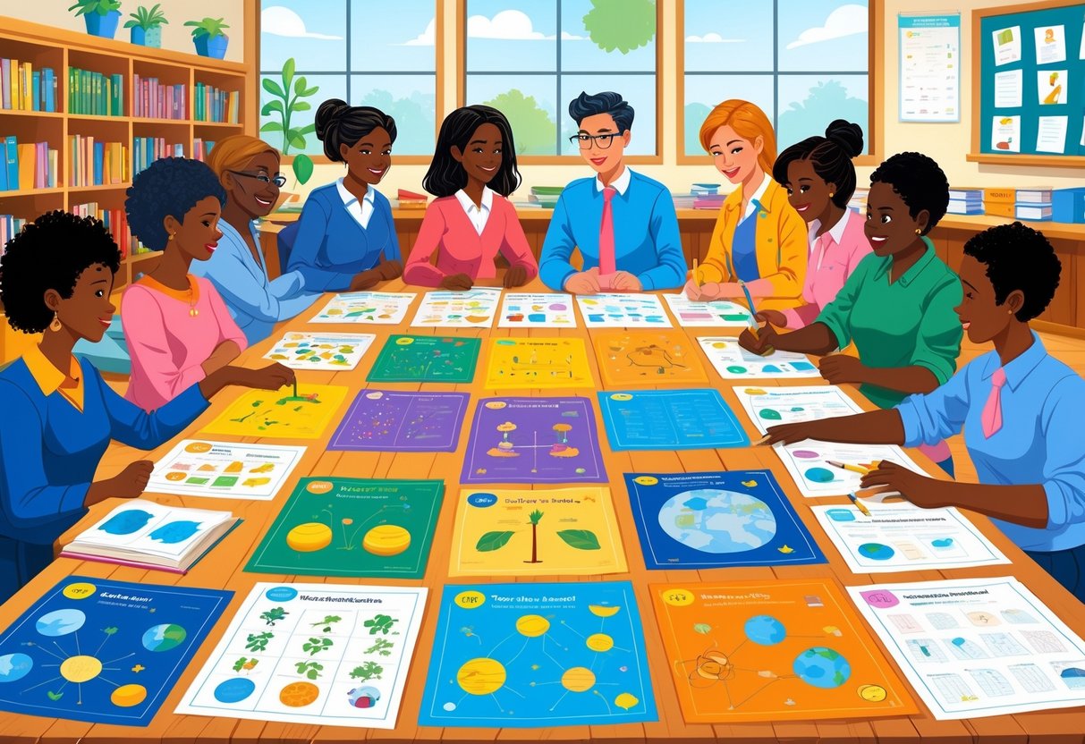 Worksheets for Teachers: The Ultimate Guide to Printable Resources LearningMole A group of teachers working together around a table covered with colourful educational worksheets featuring subjects like maths, science, language arts, and geography in a bright classroom.